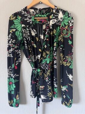 Colcci Brazil Tropicoquette Black Tropical Print Long Sleeve Wrap Blouse XS